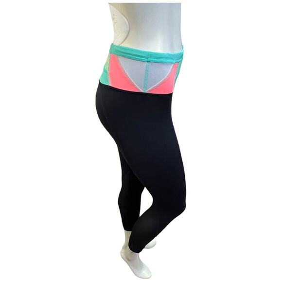 Lululemon Black Yoga Leggings with Turquoise/Coral Striped Waistband - Size 4 - Picture 3 of 16